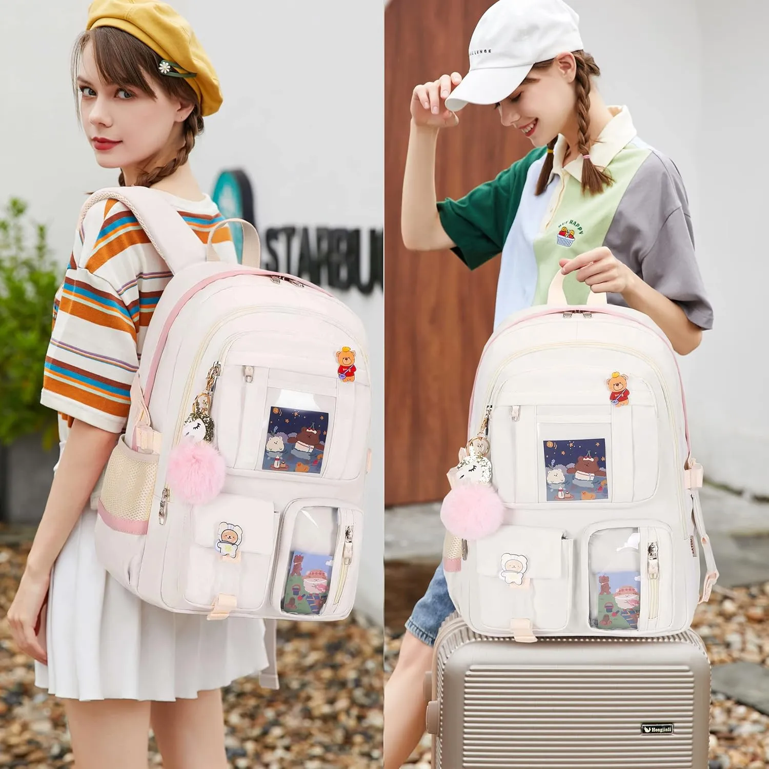 Backpack for Girls with Accessories Laptop Bookbags 16 Inch Kawaii Kids Elementary Middle High School Bag College Travel Daypack Gifts for Teens Women Students (Off-white)