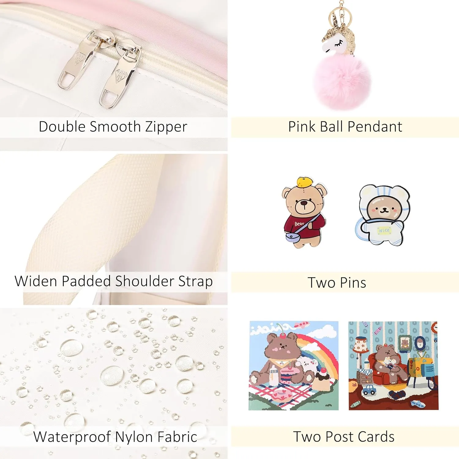 Backpack for Girls with Accessories Laptop Bookbags 16 Inch Kawaii Kids Elementary Middle High School Bag College Travel Daypack Gifts for Teens Women Students (Off-white)