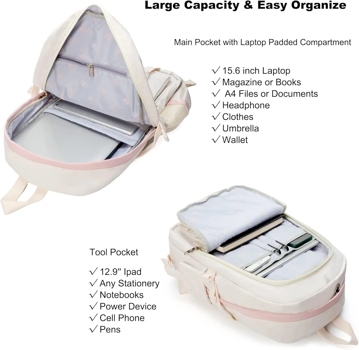 Backpack for Girls with Accessories Laptop Bookbags 16 Inch Kawaii Kids Elementary Middle High School Bag College Travel Daypack Gifts for Teens Women Students (Off-white)