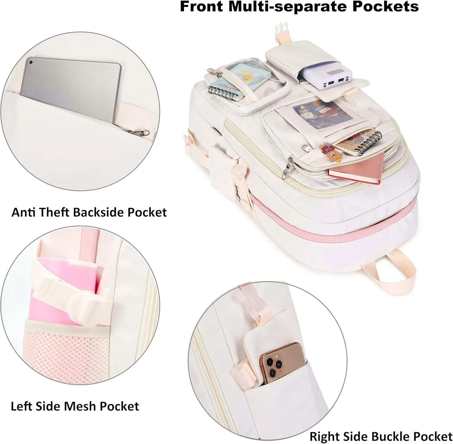 Backpack for Girls with Accessories Laptop Bookbags 16 Inch Kawaii Kids Elementary Middle High School Bag College Travel Daypack Gifts for Teens Women Students (Off-white)