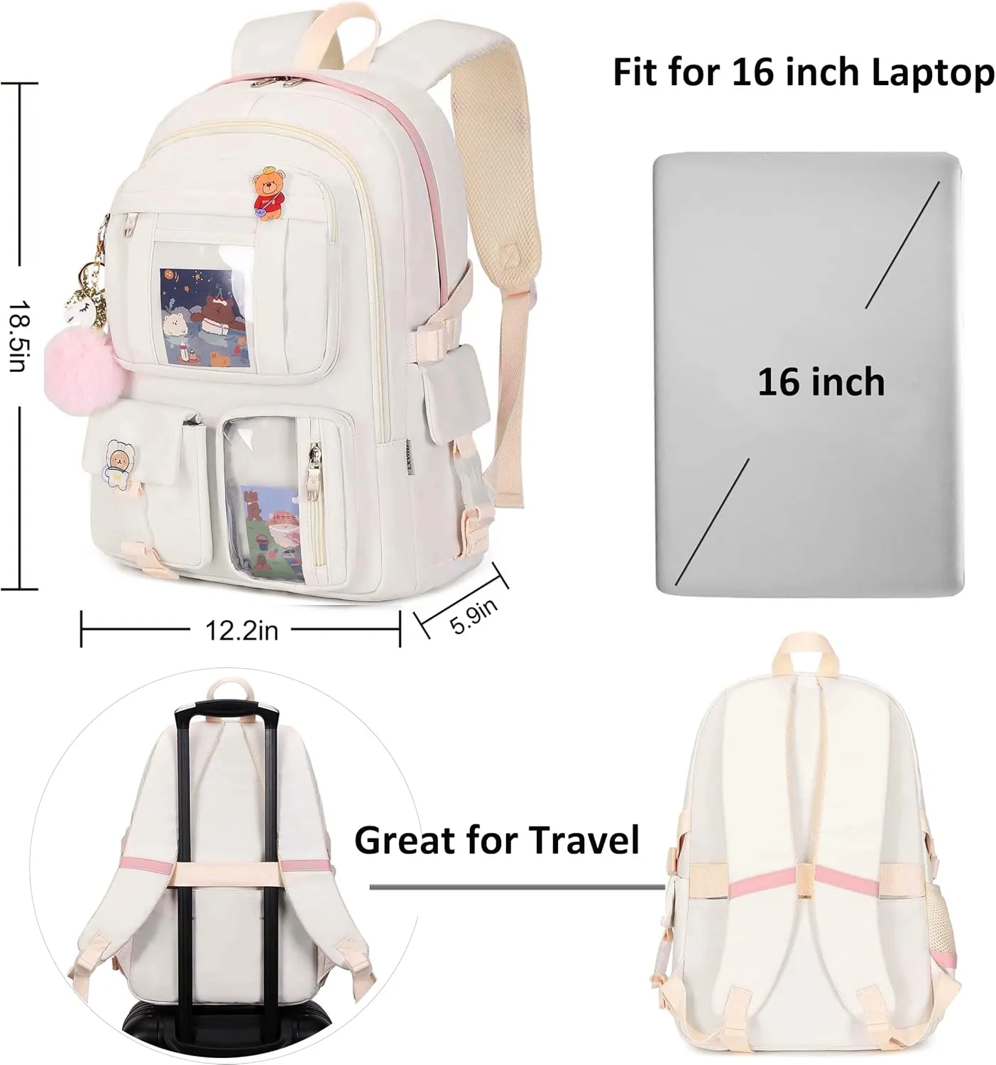 Backpack for Girls with Accessories Laptop Bookbags 16 Inch Kawaii Kids Elementary Middle High School Bag College Travel Daypack Gifts for Teens Women Students (Off-white)