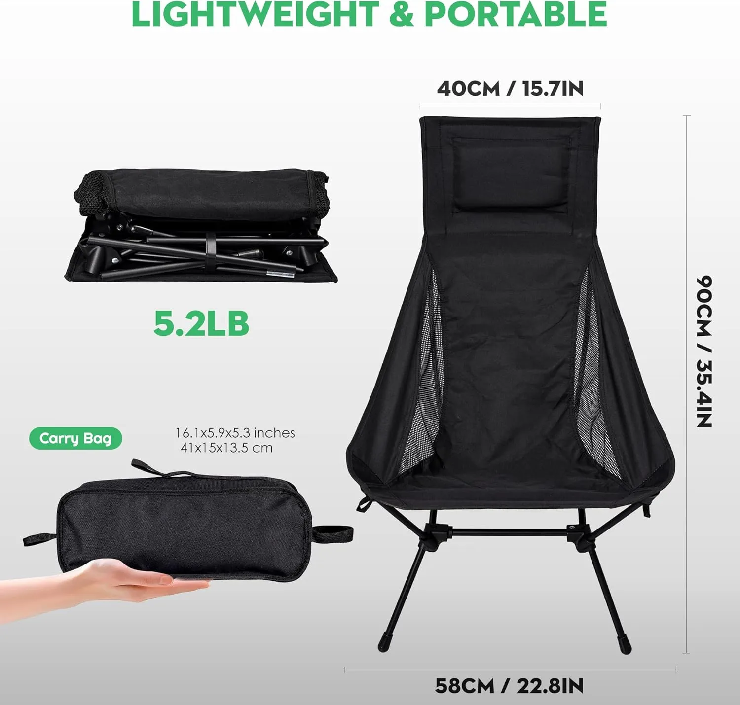 Backpacking Chair, Black Long Backrest with Neck Pillow, Lightweight Foldable Camp Chair, Portable Fully Cushioned Seat with Side Pocket, 330lbs Support for Hiking & Beach