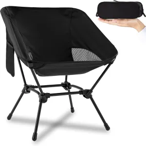 Backpacking Chair, Black Short Back Lightweight Foldable Camp Chair, Portable Fully Cushioned Seat with Side Pocket, 330lbs Support for Hiking & Beach