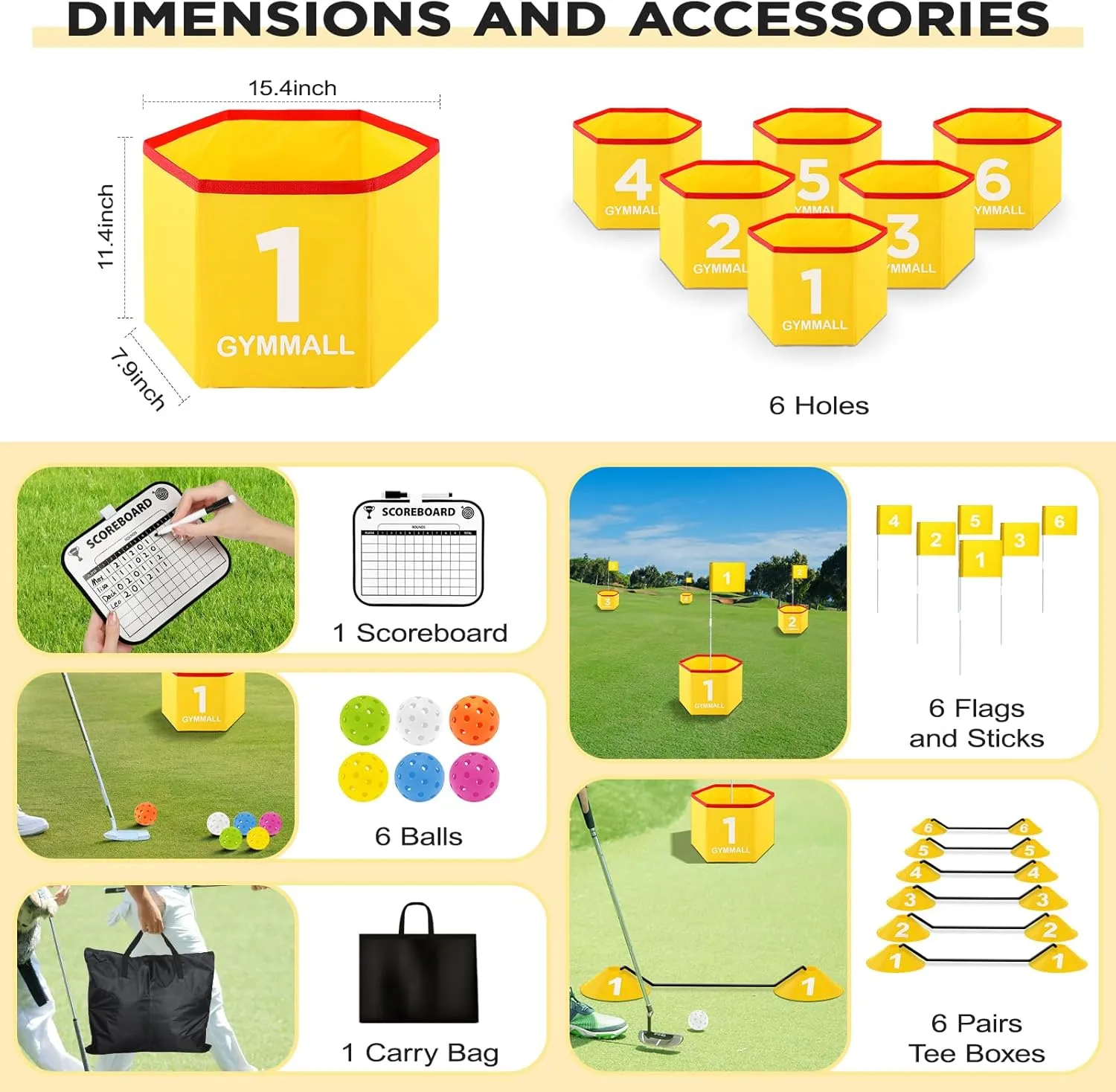 Backyard Golf Set for Kids, Adults and Family, Portable 6 Holes Golf Course with Balls, Flags and Carry Bag for Lawn, Park, Beach and Hotel - Yellow