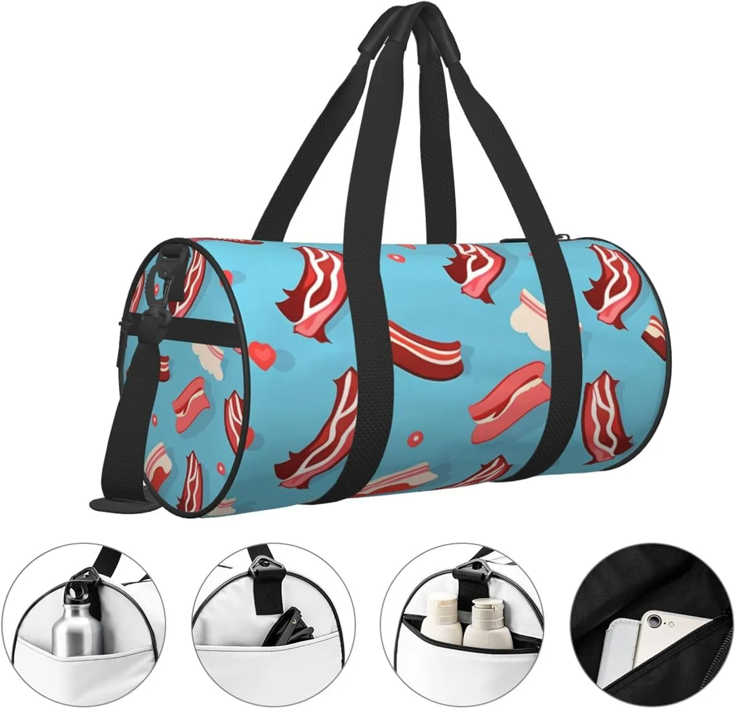 Bacon Pattern Printed Travel Bag,Round Personal Item Storage bag,Foldie Duffel Bag for Traveling Vacation,Fitness,Sports
