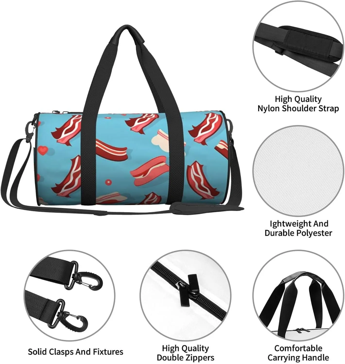 Bacon Pattern Printed Travel Bag,Round Personal Item Storage bag,Foldie Duffel Bag for Traveling Vacation,Fitness,Sports
