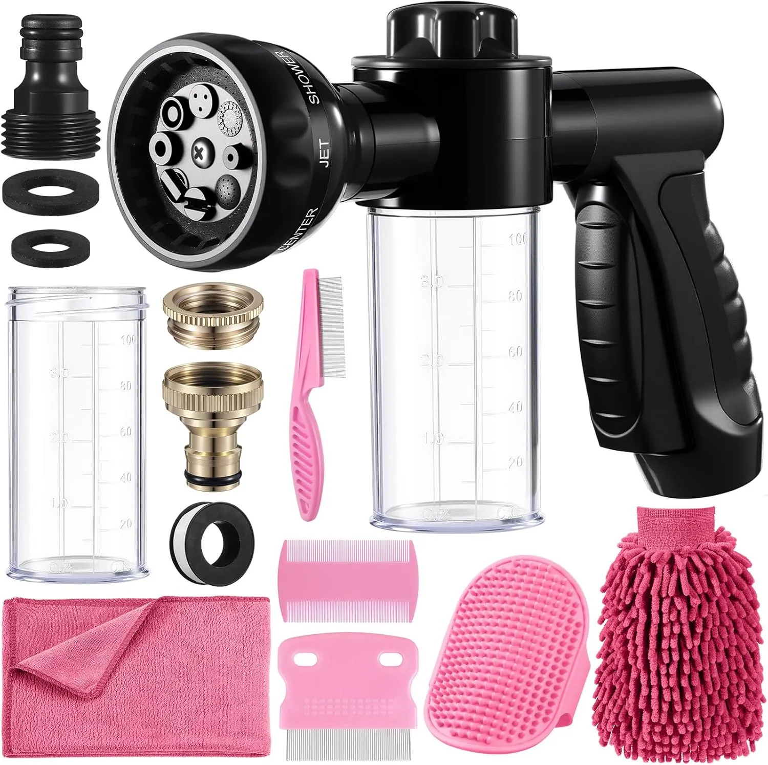 Baderke 10 Piece Dog Washing Hose Attachment Dog Hose Nozzle with Soap Dispenser Pet Shower Tool Set Dog Comb Bath Brush Towel Car Wash Mitt Brass Converter Tape for Pet Garden Car Washing(Black)