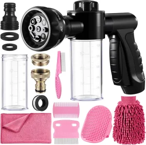 Baderke 10 Piece Dog Washing Hose Attachment Dog Hose Nozzle with Soap Dispenser Pet Shower Tool Set Dog Comb Bath Brush Towel Car Wash Mitt Brass Converter Tape for Pet Garden Car Washing(Black)