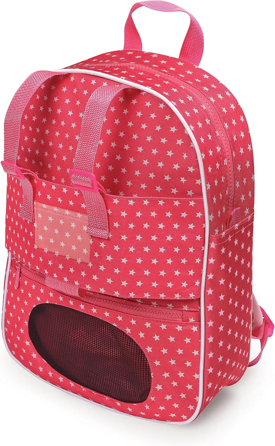 Badger Basket Delightful Doll Travel Backpack with Plush Friend Compartment – Perfect for 18-Inch Dolls with Stylish Pink Star Design