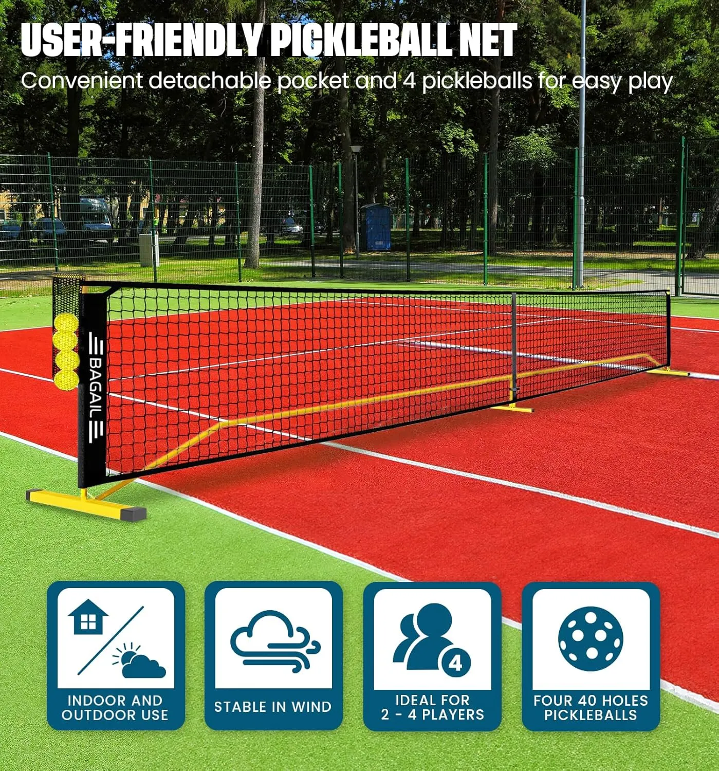 BAGAIL Portable Pickleball Net Set, 22 FT Regulation Size Pickle Ball Net with Ball Collector, Carry Bag, Easy Setup for Outdoor Indoor Driveway - Red
