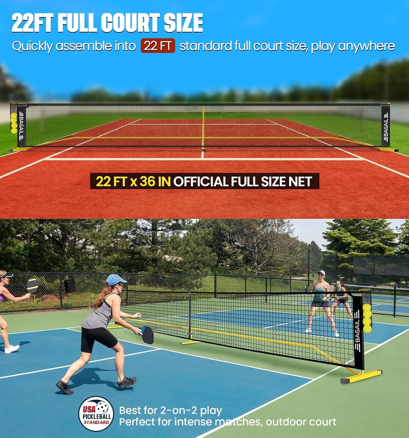 BAGAIL Portable Pickleball Net Set, 22 FT Regulation Size Pickle Ball Net with Ball Collector, Carry Bag, Easy Setup for Outdoor Indoor Driveway - Red