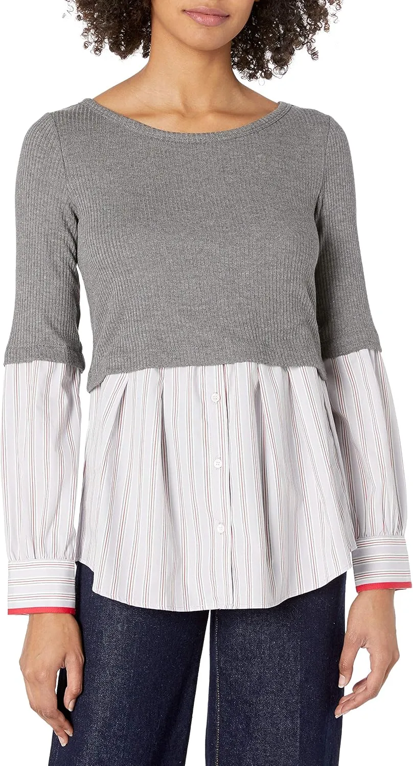 Bailey 44 Women's Mixed Media, Sweater with Woven Top, Long Sleeves