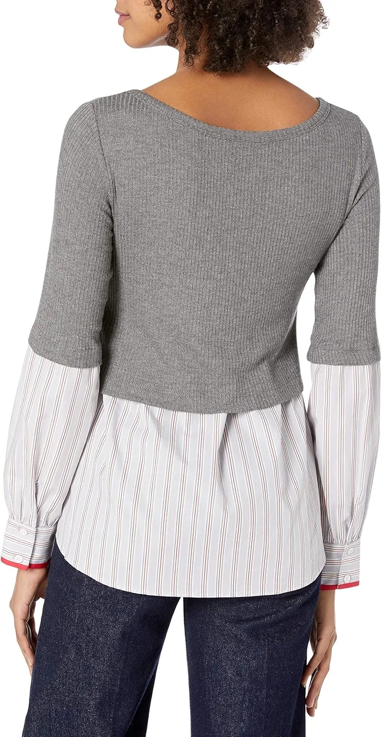 Bailey 44 Women's Mixed Media, Sweater with Woven Top, Long Sleeves