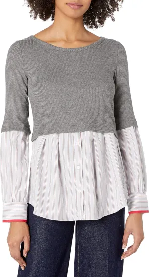 Bailey 44 Women's Mixed Media, Sweater with Woven Top, Long Sleeves