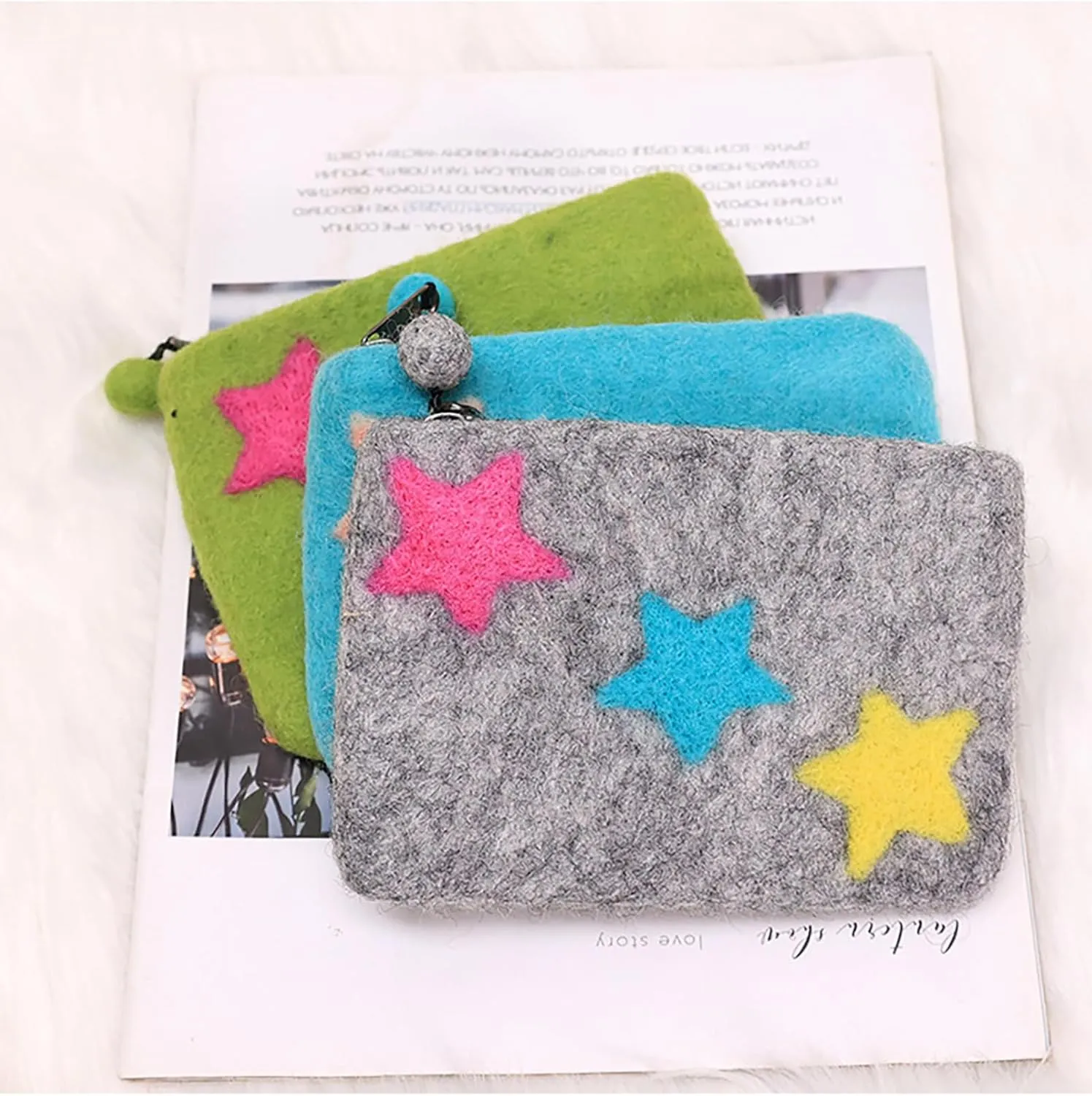 BAIMORE Women's Y2k Cute Stars Patch Zipper Wool Felt Pouch Plush Coin Purse