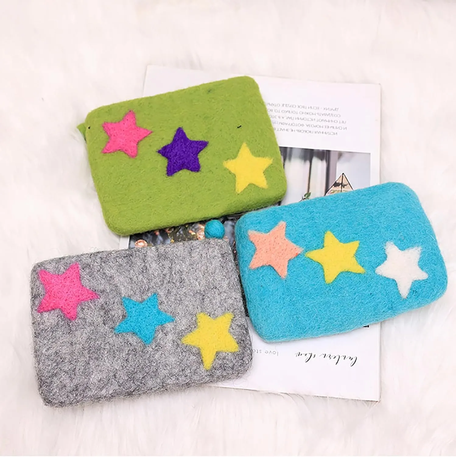 BAIMORE Women's Y2k Cute Stars Patch Zipper Wool Felt Pouch Plush Coin Purse
