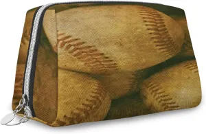 Baseball,Large Capacity Travel Leather Cosmetic Bag,Nostalgic Leather Retro Baseball,Multifunctional Storage Makeup Bag for Women,Yellow,M