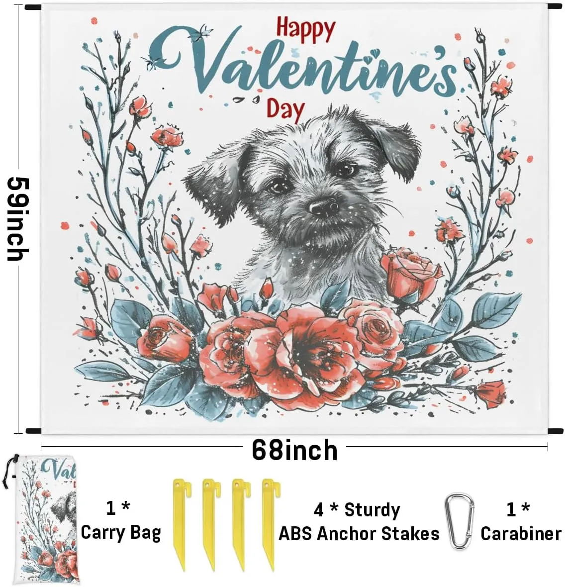 Beach Blanket, Happy Valentine's Day Sandproof Beach Mat, Waterproof Quick Drying Sand Free Mat with 4 x Ground Spikes for Outdoor Travel Camping Hiking, Red Rose Dog 68 x 59 in