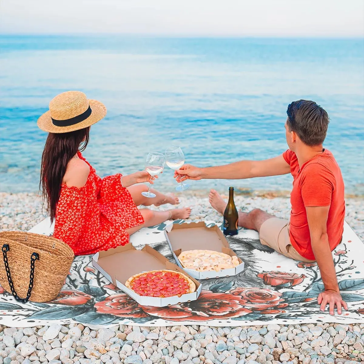 Beach Blanket, Happy Valentine's Day Sandproof Beach Mat, Waterproof Quick Drying Sand Free Mat with 4 x Ground Spikes for Outdoor Travel Camping Hiking, Red Rose Dog 68 x 59 in
