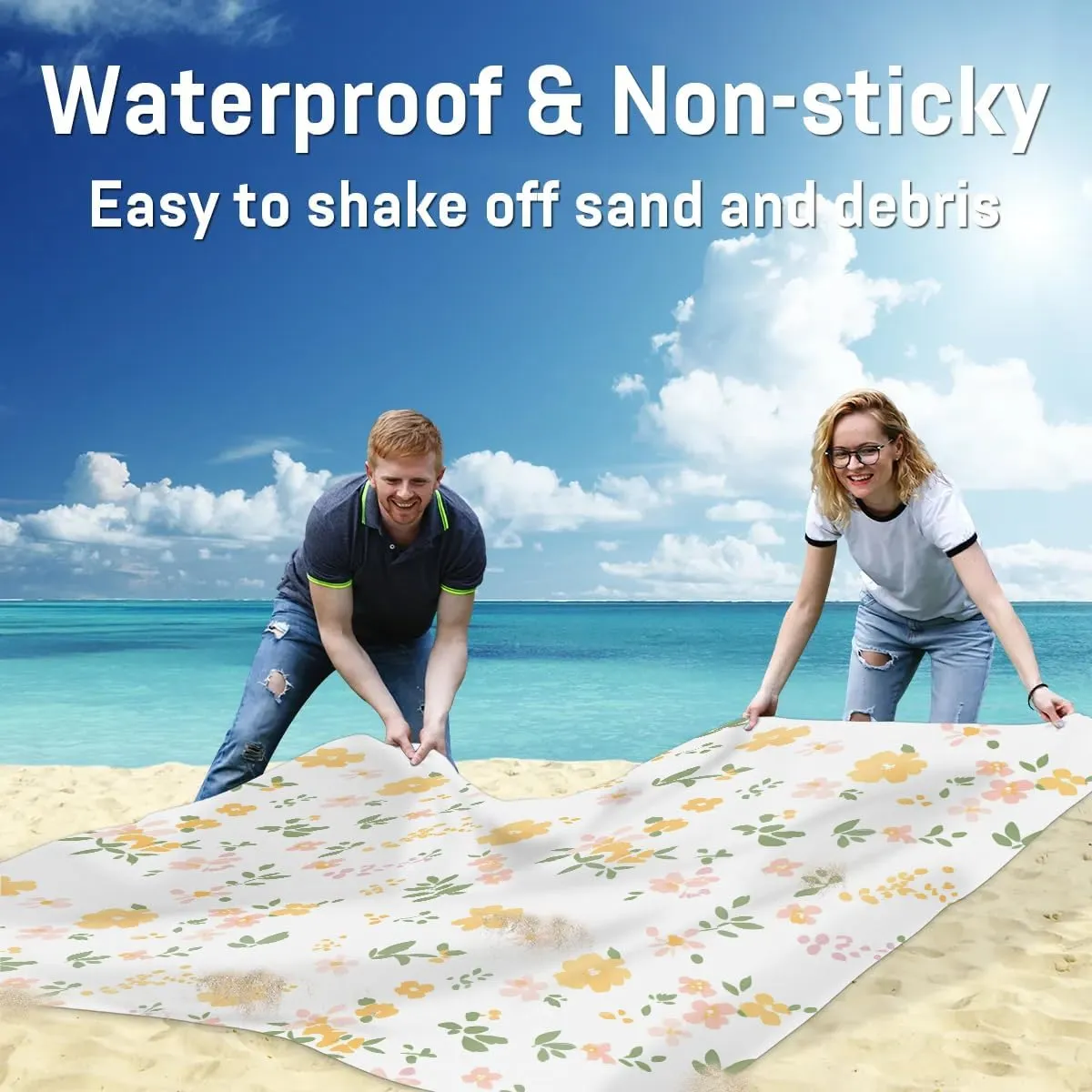 Beach Blanket, Yellow Flowers Daisy Sandproof Beach Mat, Waterproof Quick Drying Sand Free Mat with 4 x Ground Spikes for Outdoor Travel Camping Hiking, Florals Daisies Spring 68 x 59 in