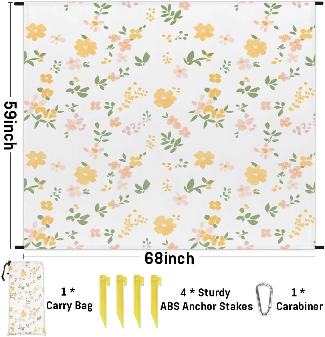 Beach Blanket, Yellow Flowers Daisy Sandproof Beach Mat, Waterproof Quick Drying Sand Free Mat with 4 x Ground Spikes for Outdoor Travel Camping Hiking, Florals Daisies Spring 68 x 59 in