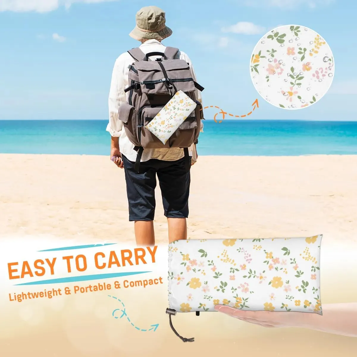 Beach Blanket, Yellow Flowers Daisy Sandproof Beach Mat, Waterproof Quick Drying Sand Free Mat with 4 x Ground Spikes for Outdoor Travel Camping Hiking, Florals Daisies Spring 68 x 59 in