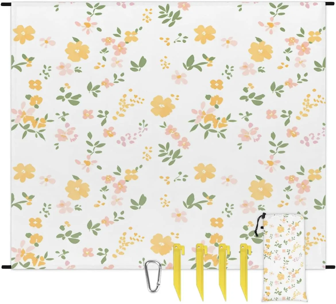 Beach Blanket, Yellow Flowers Daisy Sandproof Beach Mat, Waterproof Quick Drying Sand Free Mat with 4 x Ground Spikes for Outdoor Travel Camping Hiking, Florals Daisies Spring 68 x 59 in