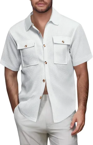 Beach Vacation Mens Beach Shirts and Summer Casual Short Sleeved Lapel Cotton Pocket Shirt Men's Button Down Casual