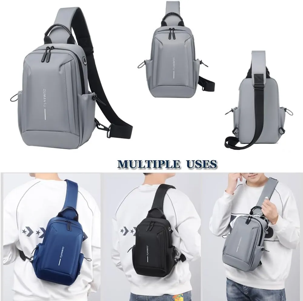 Bealin Waterproof Sling Bag Crossbody Backpack for Men Women Chest Sling Bag with Earphone Hole for Hiking Walking Grey