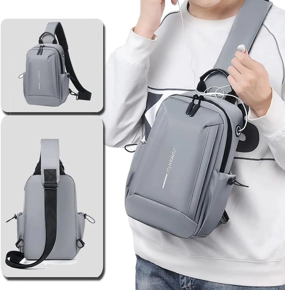 Bealin Waterproof Sling Bag Crossbody Backpack for Men Women Chest Sling Bag with Earphone Hole for Hiking Walking Grey