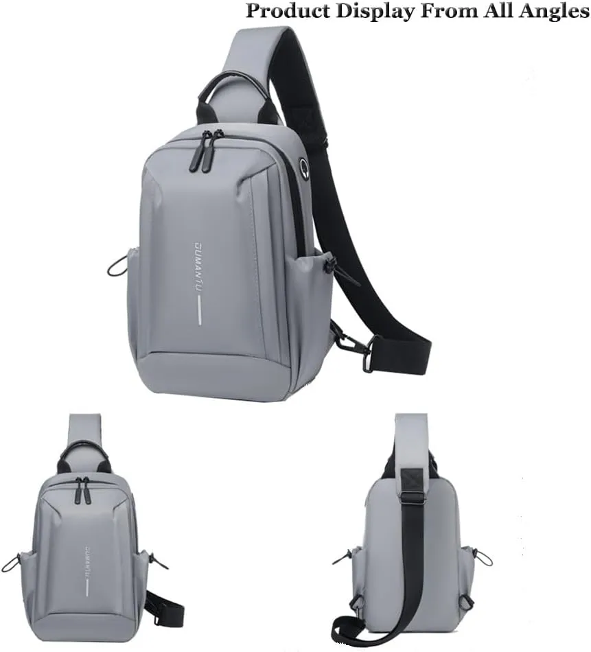 Bealin Waterproof Sling Bag Crossbody Backpack for Men Women Chest Sling Bag with Earphone Hole for Hiking Walking Grey
