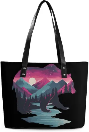 Bear Wildlife Animal Women's Tote Shoulder Bag Handbag Top Handle Leather 29 * 34 * 14cm
