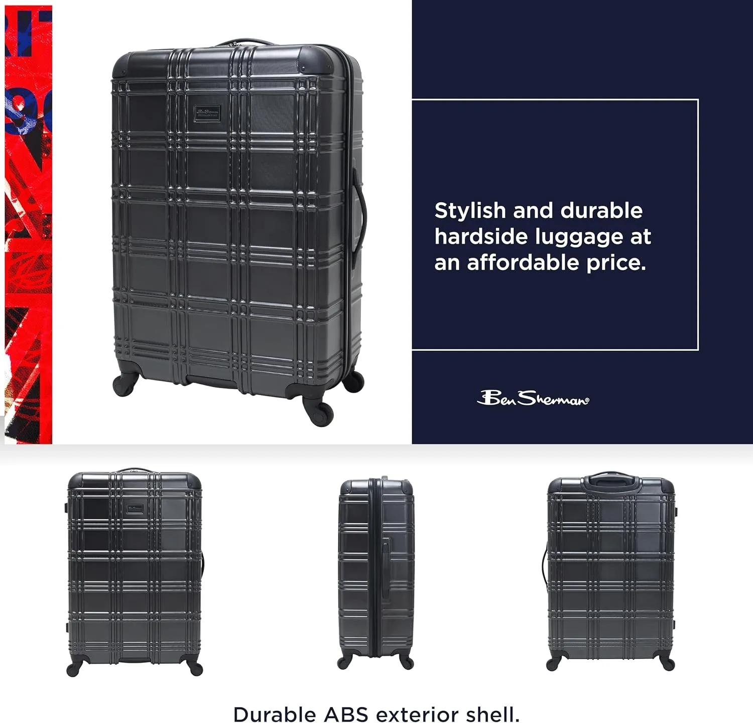 Ben Sherman Nottingham Lightweight Hardside 4-Wheel Spinner Travel Luggage, Charcoal, 3-Piece Set (20"/24"/28")