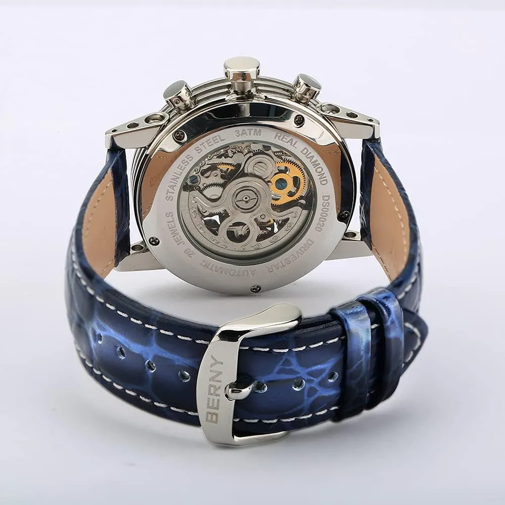 BERNY Mens Watch,Automatic Skeleton Watches for Men,Real Diamond Dial Multi-Function Waterproof Men's Wrist Watches Genuine Leather Strap