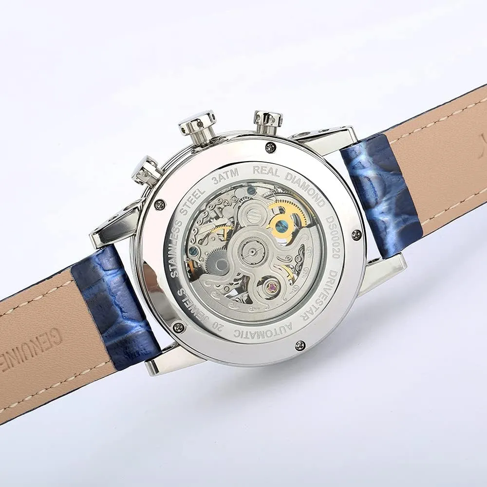 BERNY Mens Watch,Automatic Skeleton Watches for Men,Real Diamond Dial Multi-Function Waterproof Men's Wrist Watches Genuine Leather Strap