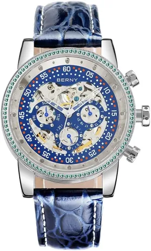 BERNY Mens Watch,Automatic Skeleton Watches for Men,Real Diamond Dial Multi-Function Waterproof Men's Wrist Watches Genuine Leather Strap