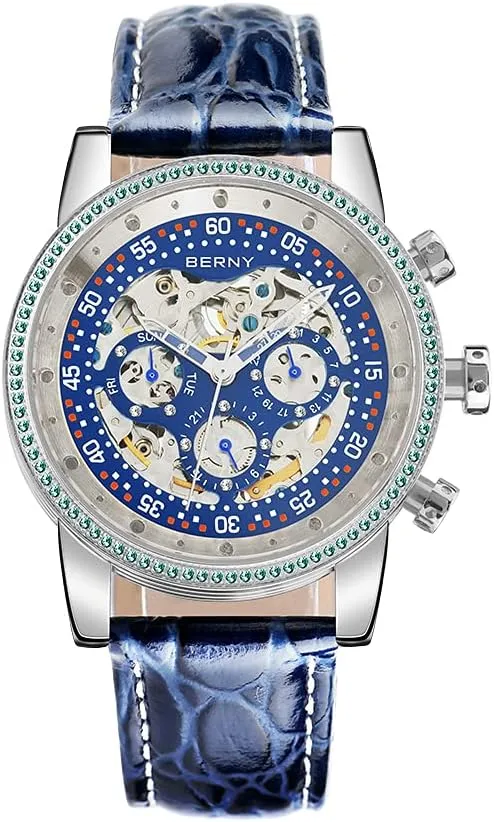 BERNY Mens Watch,Automatic Skeleton Watches for Men,Real Diamond Dial Multi-Function Waterproof Men's Wrist Watches Genuine Leather Strap
