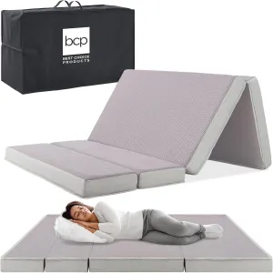 Best Choice Products 4in Portable Full-Size Mattress, Tri-Fold Mattress for Camping, Guest, Toddler, Foam Plush w/Carry Case - Grey
