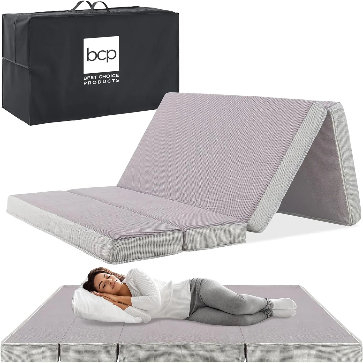 Best Choice Products 4in Portable Full-Size Mattress, Tri-Fold Mattress for Camping, Guest, Toddler, Foam Plush w/Carry Case - Grey