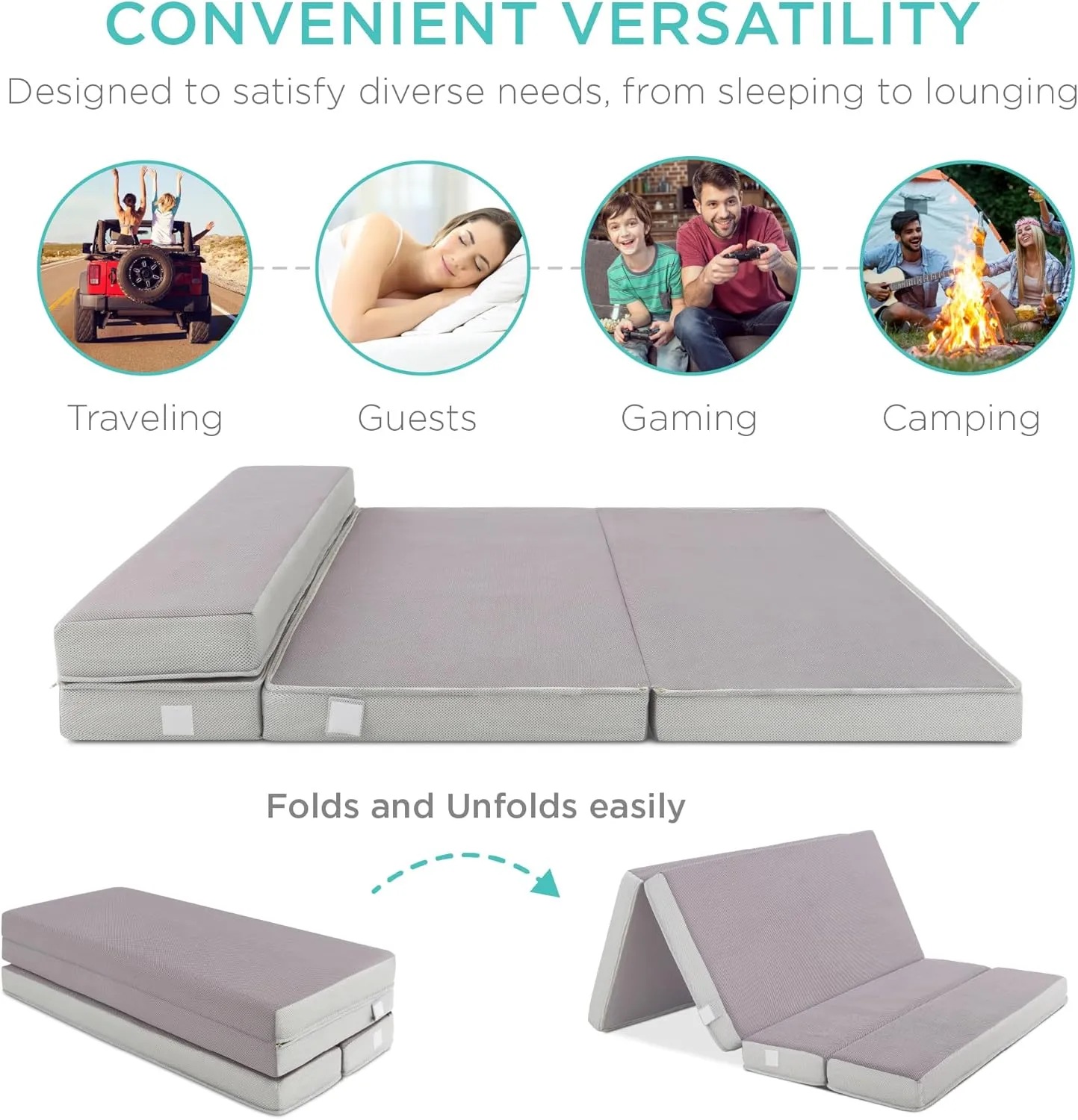 Best Choice Products 4in Portable Full-Size Mattress, Tri-Fold Mattress for Camping, Guest, Toddler, Foam Plush w/Carry Case - Grey