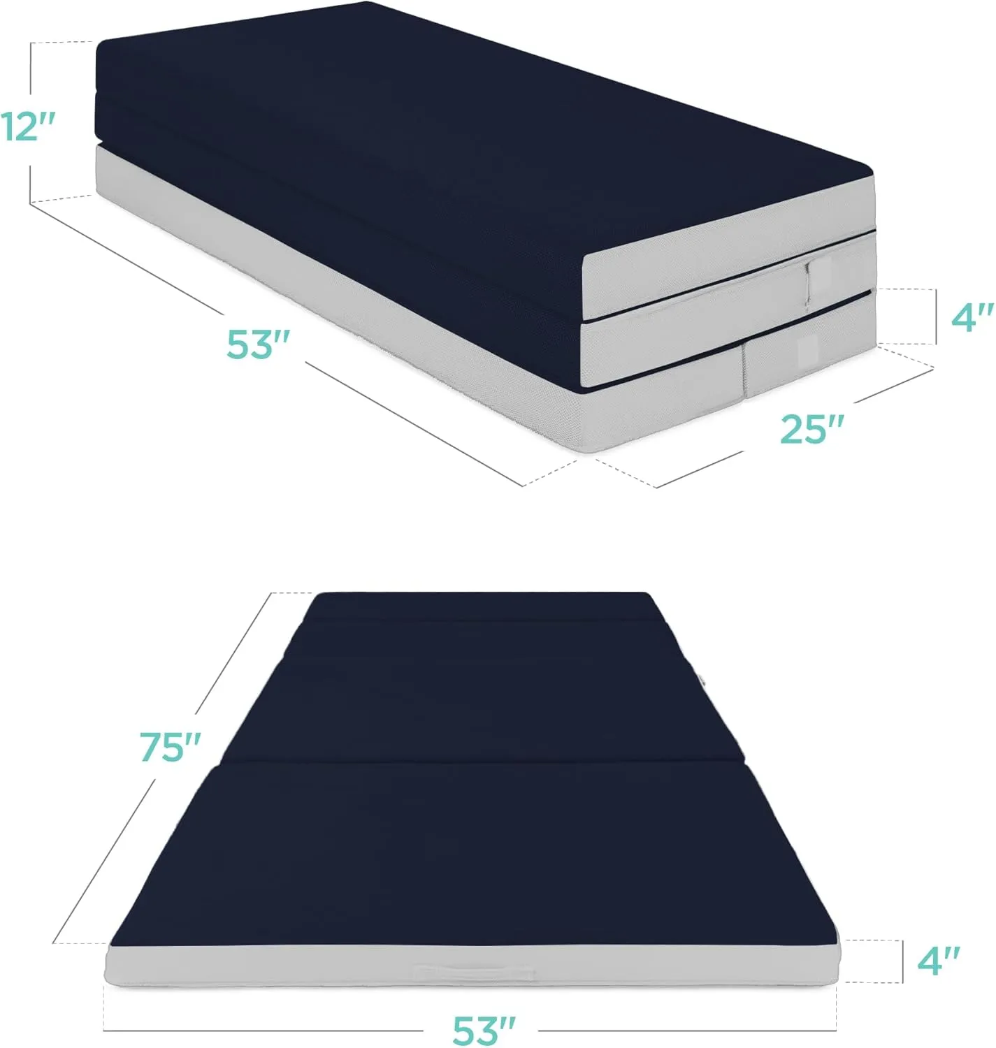 Best Choice Products 4in Portable Full-Size Mattress, Tri-Fold Mattress for Camping, Guest, Toddler, Foam Plush w/Carry Case - Midnight Blue