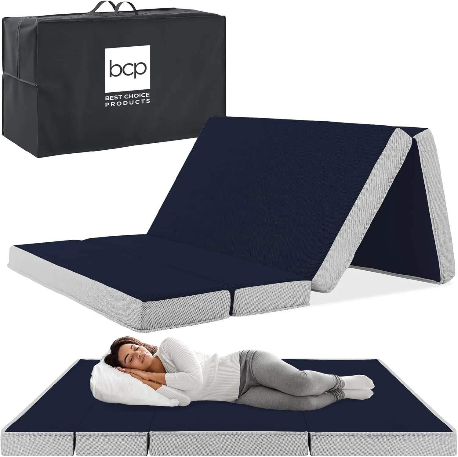 Best Choice Products 4in Portable Full-Size Mattress, Tri-Fold Mattress for Camping, Guest, Toddler, Foam Plush w/Carry Case - Midnight Blue