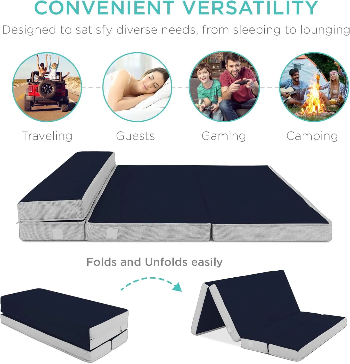 Best Choice Products 4in Portable Full-Size Mattress, Tri-Fold Mattress for Camping, Guest, Toddler, Foam Plush w/Carry Case - Midnight Blue