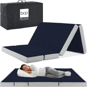 Best Choice Products 4in Portable Full-Size Mattress, Tri-Fold Mattress for Camping, Guest, Toddler, Foam Plush w/Carry Case - Midnight Blue