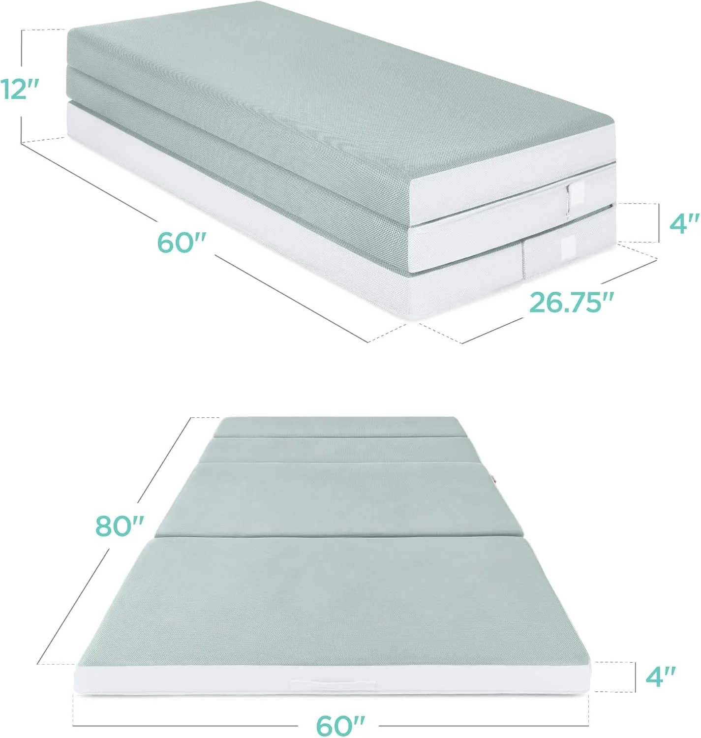 Best Choice Products 4in Portable Queen-Size Mattress, Tri-Fold Mattress for Camping, Guest, Toddler, Foam Plush w/Carry Case - Seafoam