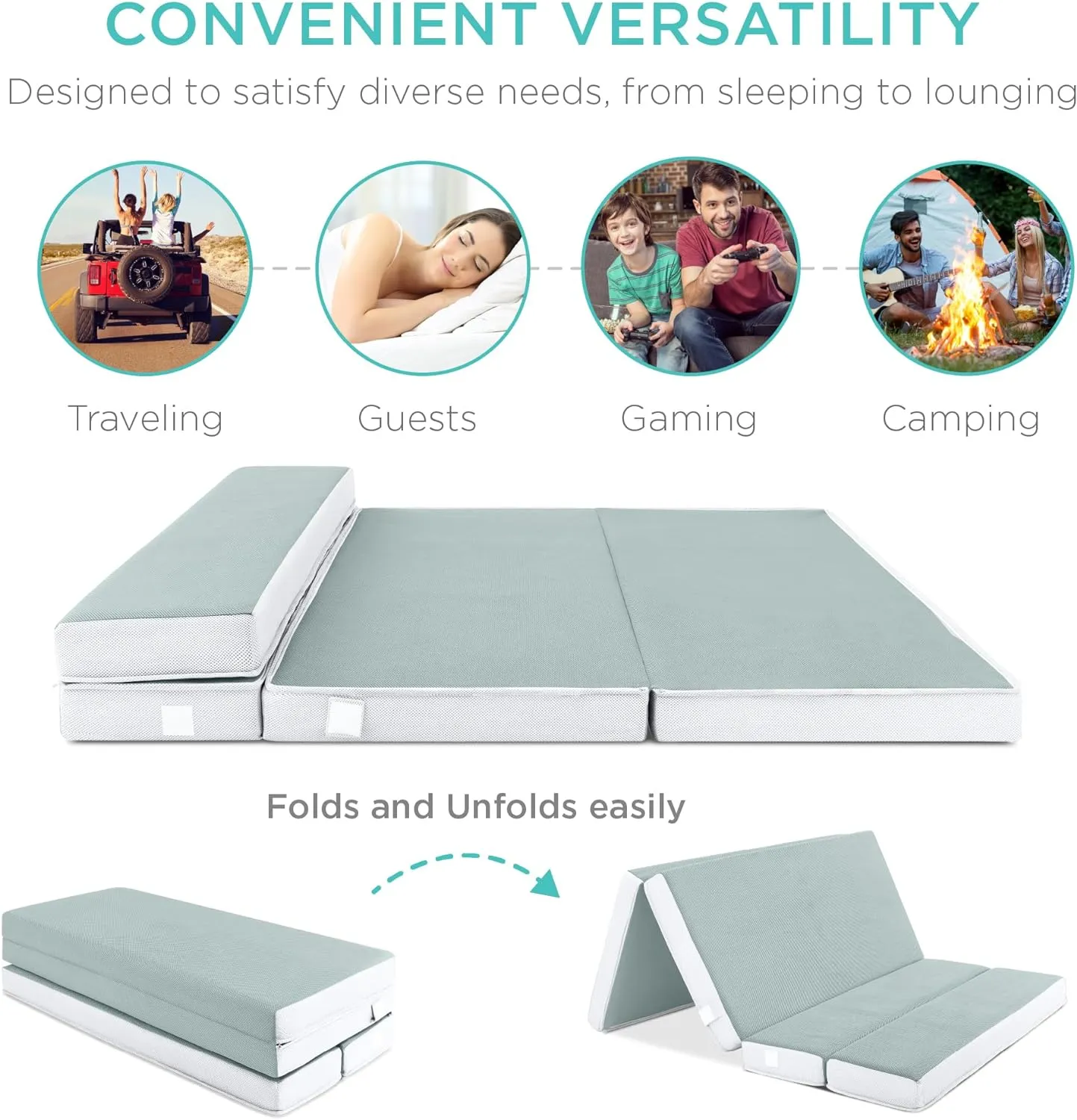 Best Choice Products 4in Portable Queen-Size Mattress, Tri-Fold Mattress for Camping, Guest, Toddler, Foam Plush w/Carry Case - Seafoam