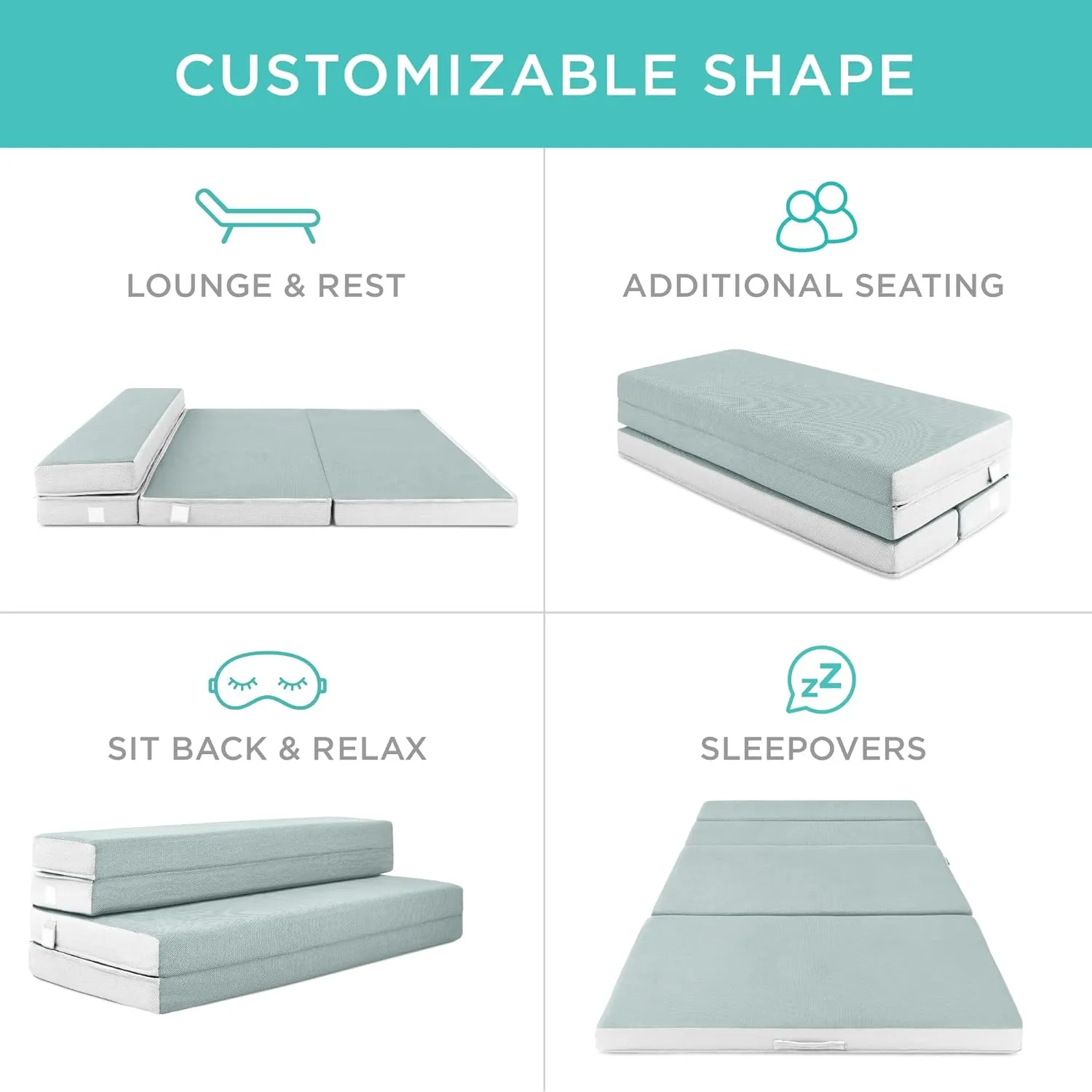 Best Choice Products 4in Portable Queen-Size Mattress, Tri-Fold Mattress for Camping, Guest, Toddler, Foam Plush w/Carry Case - Seafoam