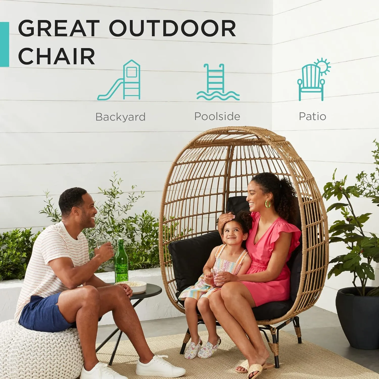 Best Choice Products Wicker Egg Chair, Oversized Indoor Outdoor Lounger for Patio, Backyard, Living Room w/ 4 Cushions, Steel Frame, 440lb Capacity - Black