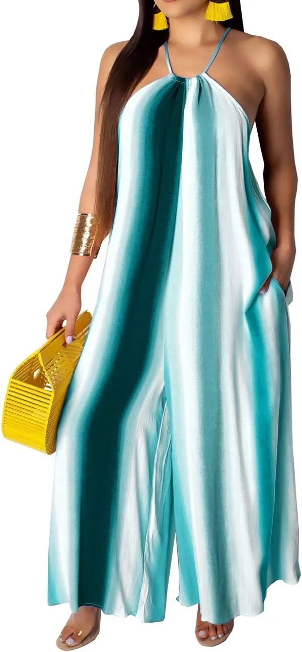 BestGirl Women's Casual Loose Plus Size Jumpsuits Stripe Print Spaghetti Strap Wide Leg Pants with Pockets