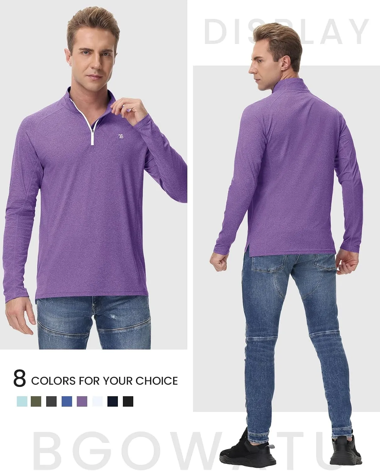 BGOWATU Men's Quarter Zip Pullover Long Sleeve Polo Shirts UPF 50 Quick Dry Golf Shirt